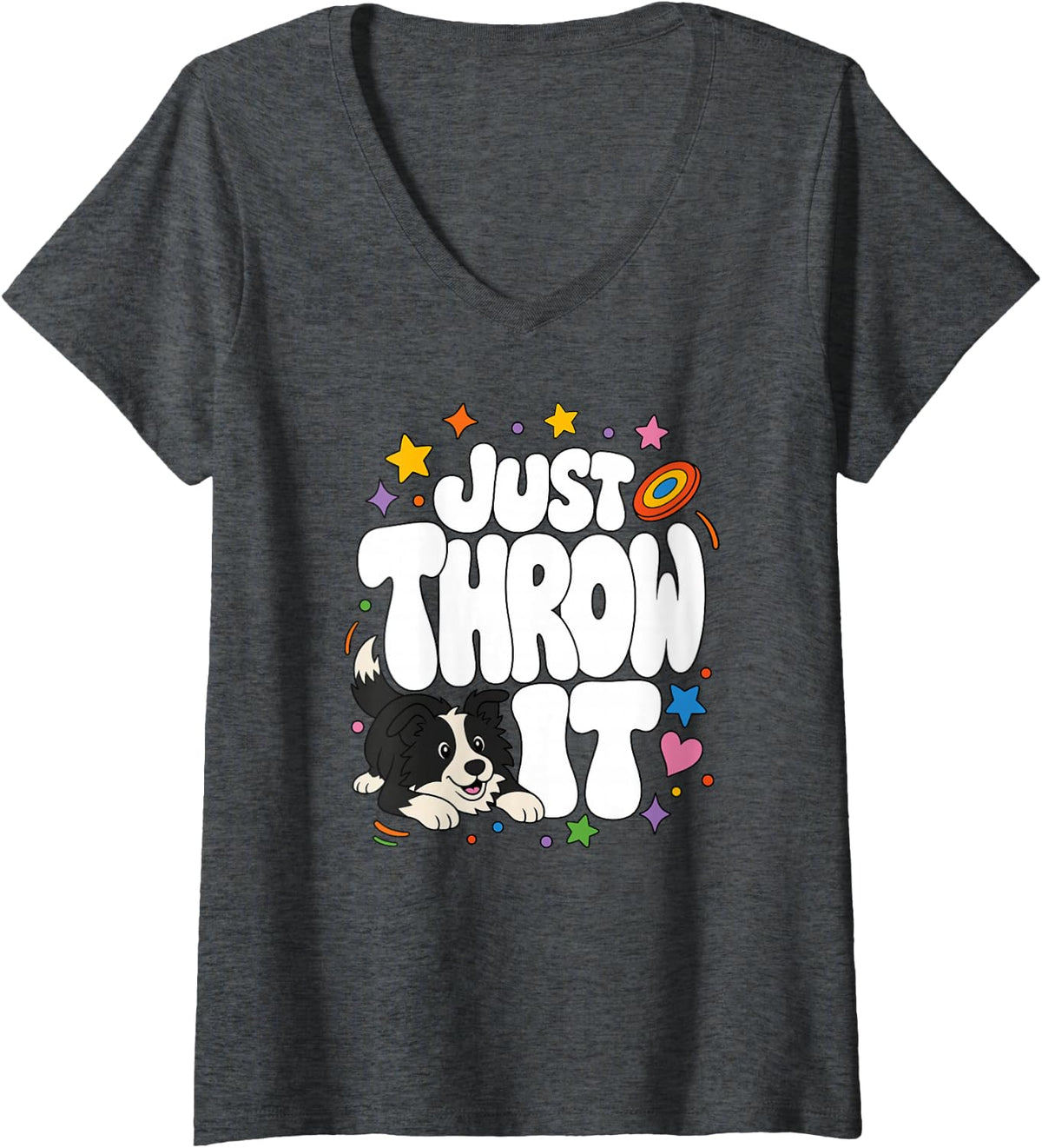Women's Just Throw It for Dog Moms Dog Dads Funny Border Collie V-Neck T-Shirt - Dark Heather Grey