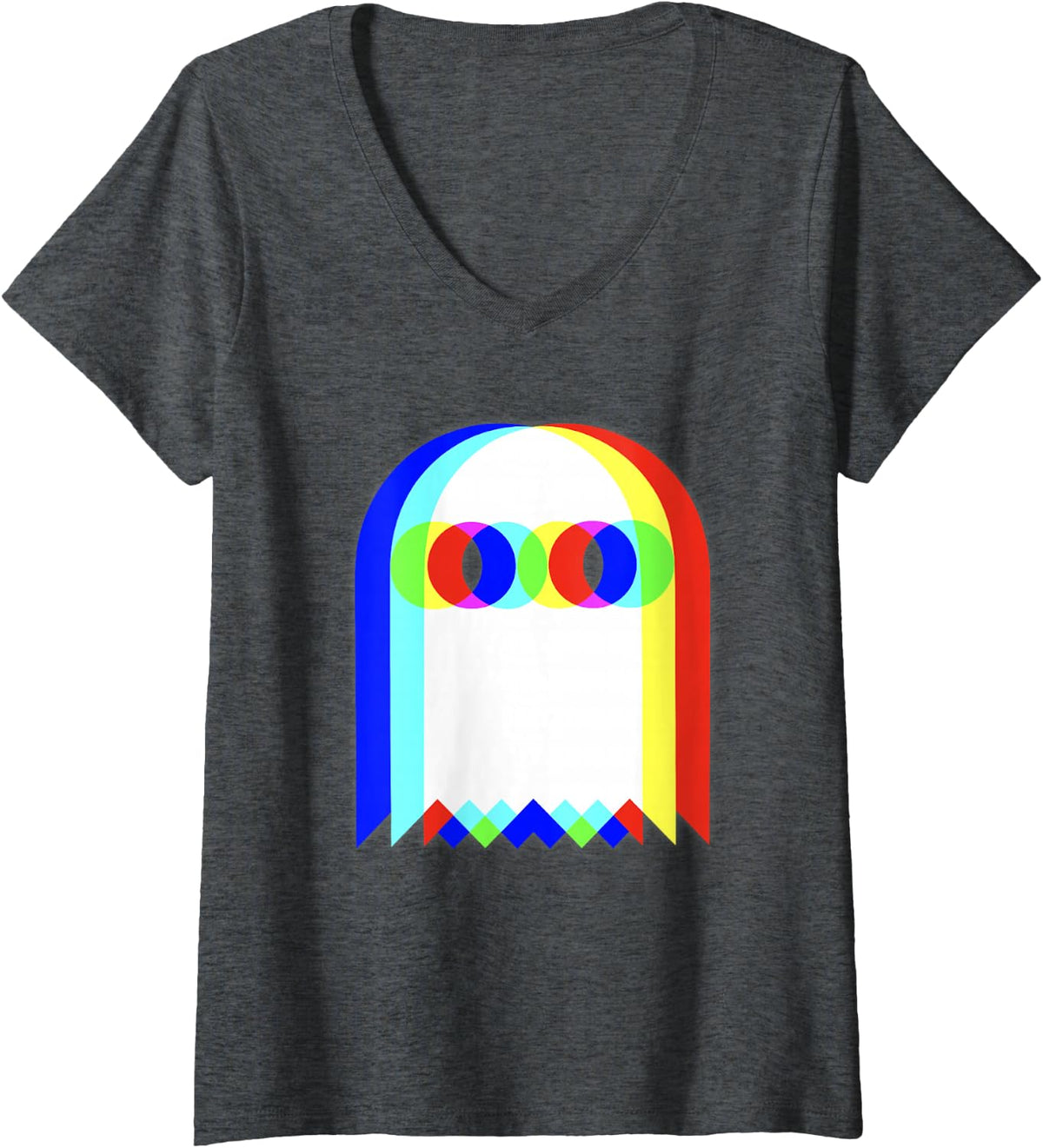 Womens Vaporwave Psychedelic Ghost Retro Halloween Techno EDM V-Neck T-Shirt - Dark Heather Grey