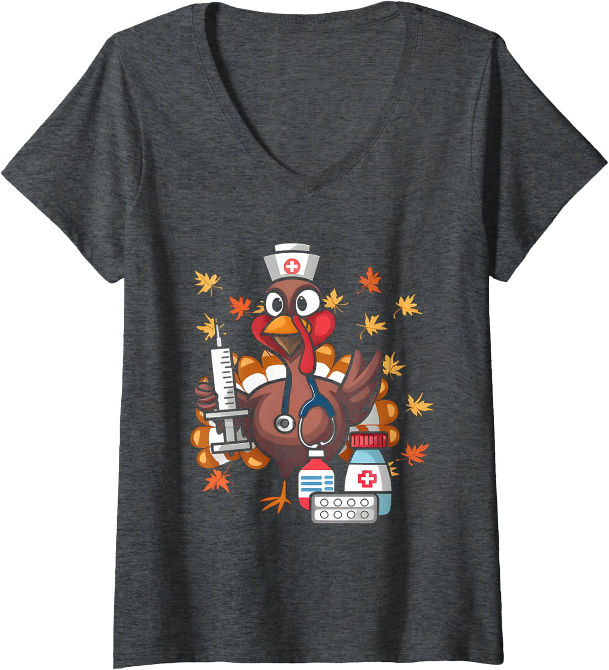 Women's Thanksgiving Nurse Turkey RN ICU ER NICU Nurse Crew Women V-Neck T-Shirt - Dark Heather Grey
