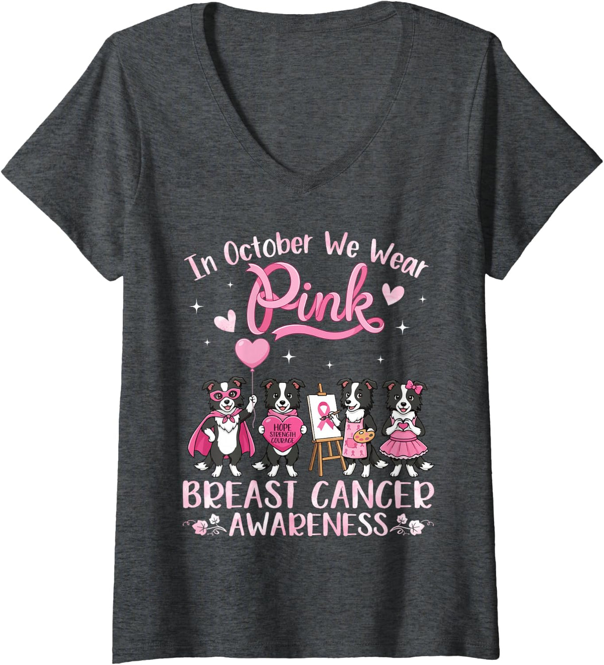 Women's in October We Wear Pink Border Collie Dog Breast Cancer V-Neck T-Shirt - Dark Heather Grey