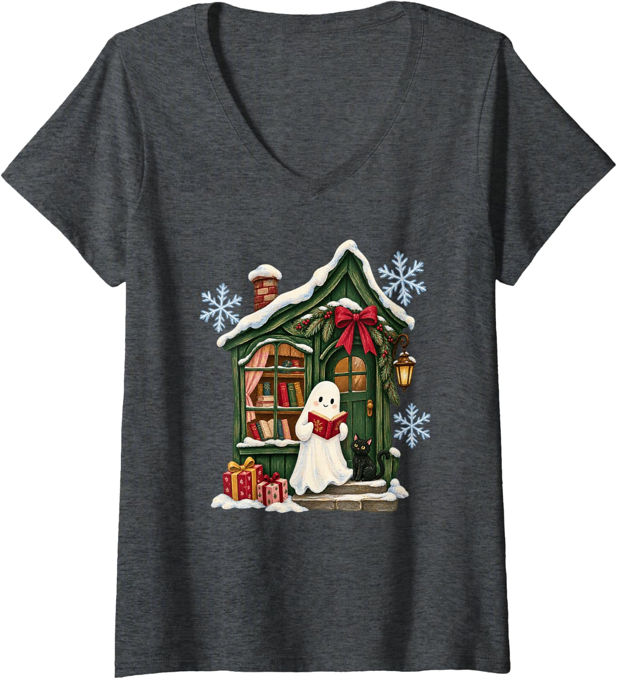 Women's Cute Ghost Reading Book Lover Fall Christmas V-Neck T-Shirt - Dark Heather Grey