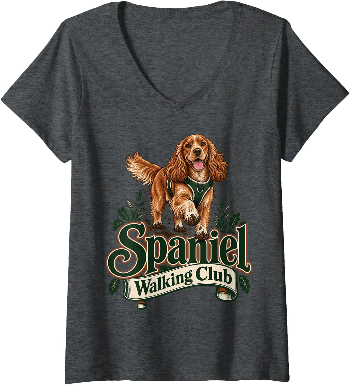 Women's Spaniel Walking Club British Dog Lover Design V-Neck T-Shirt - Dark Heather Grey