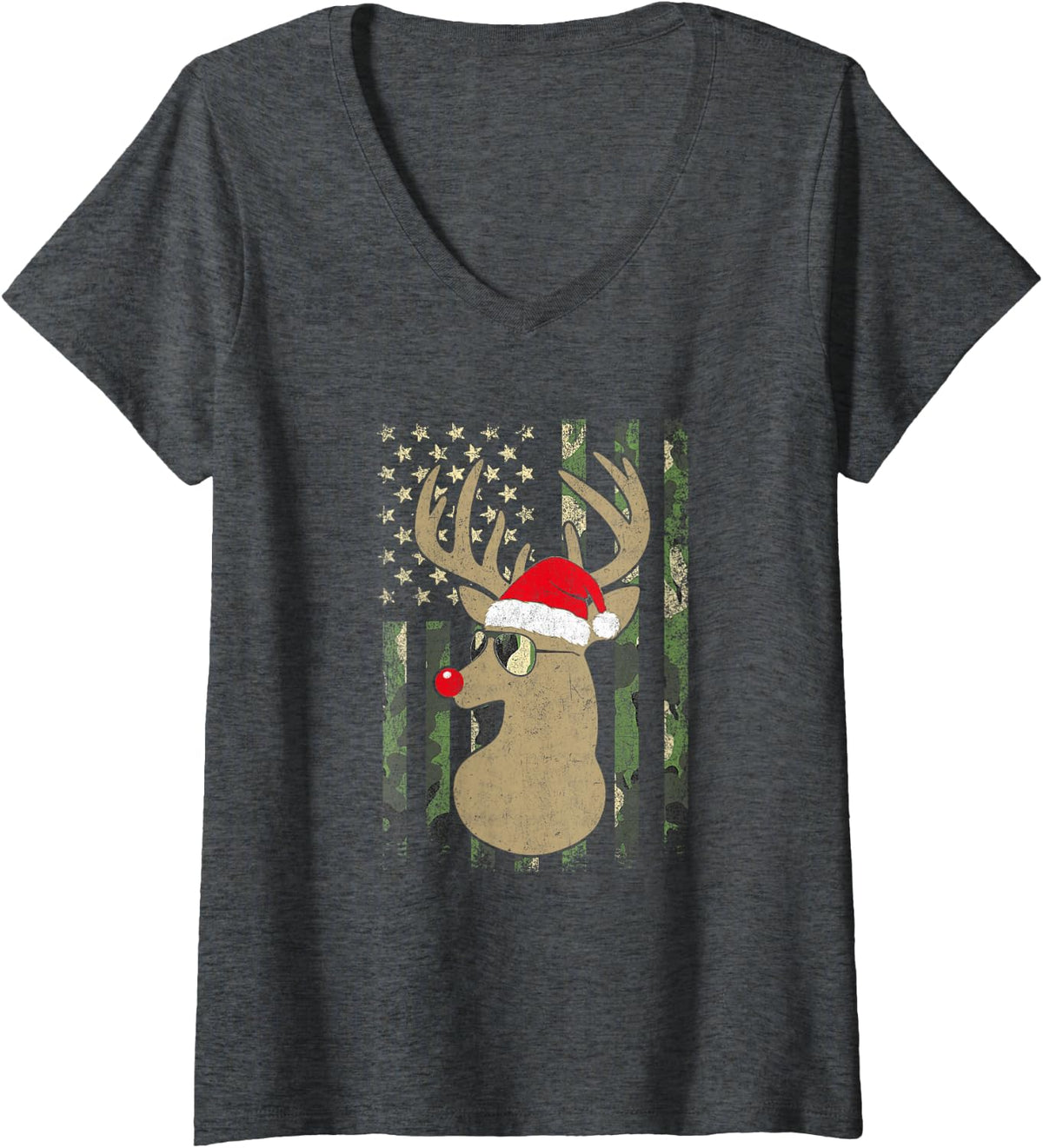 Women's Camo American Flag Deer Buck Deer Hunting Christmas Hunter V-Neck T-Shirt - Dark Heather Grey