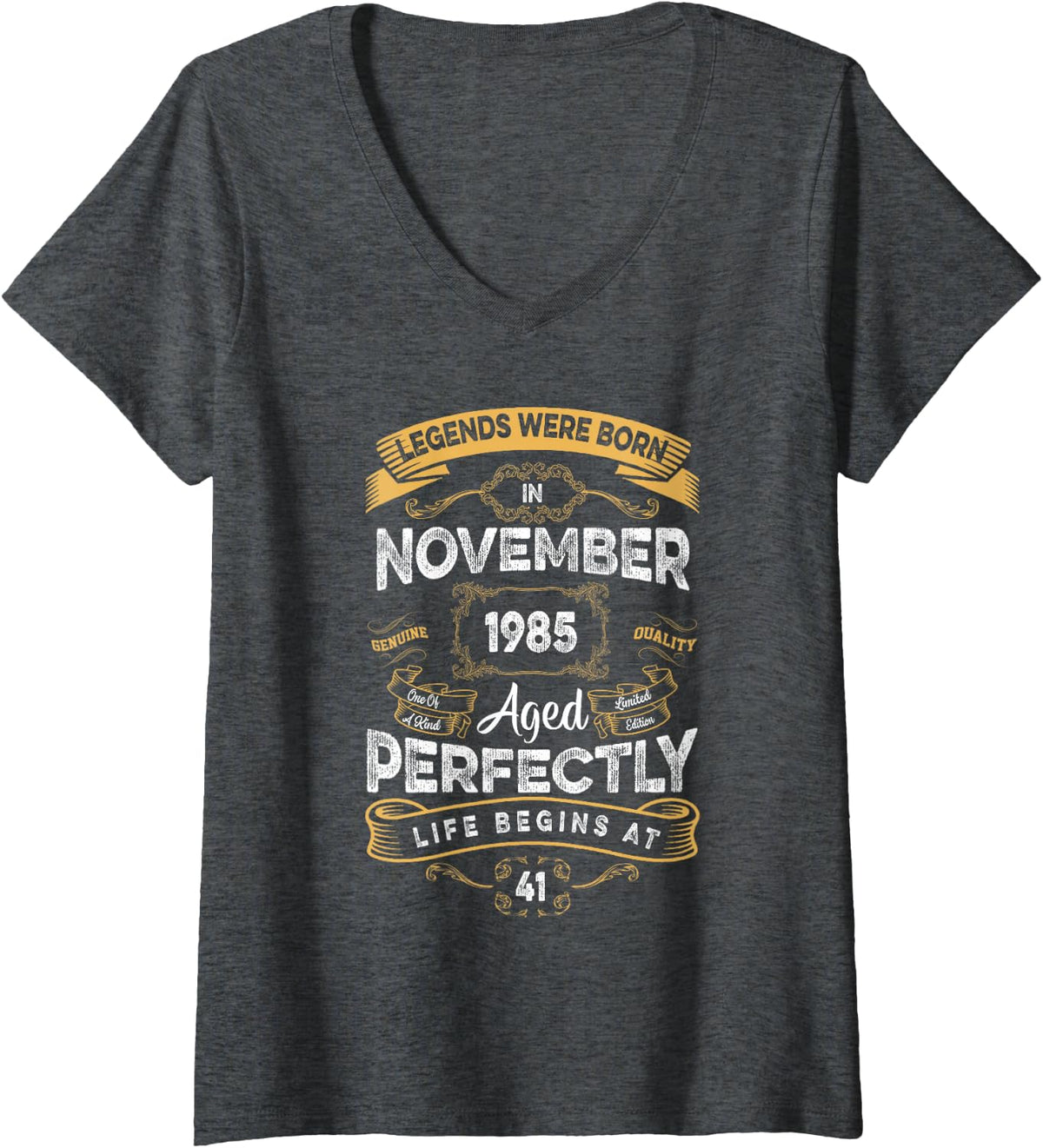 Women's Retro 41st Birthday Legends were Born in November 1985 V-Neck T-Shirt - Dark Heather Grey