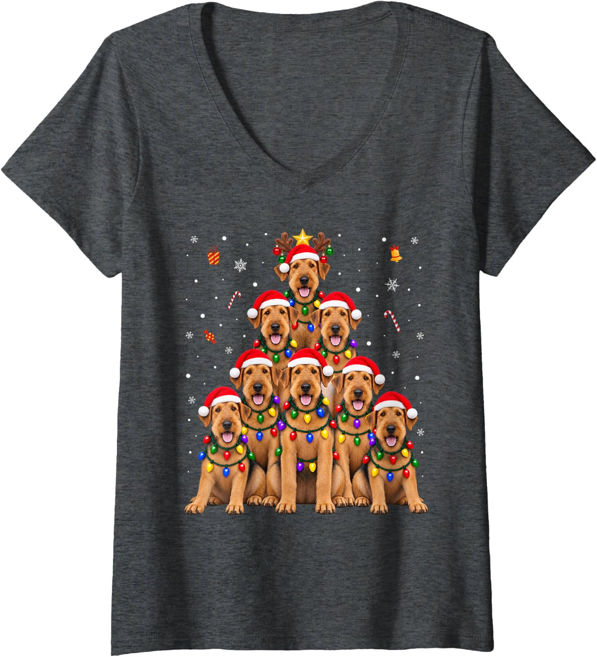 Women's Airedale Terrier Christmas Tree Dogs Santa Hats Lights Xmas V-Neck T-Shirt - Dark Heather Grey
