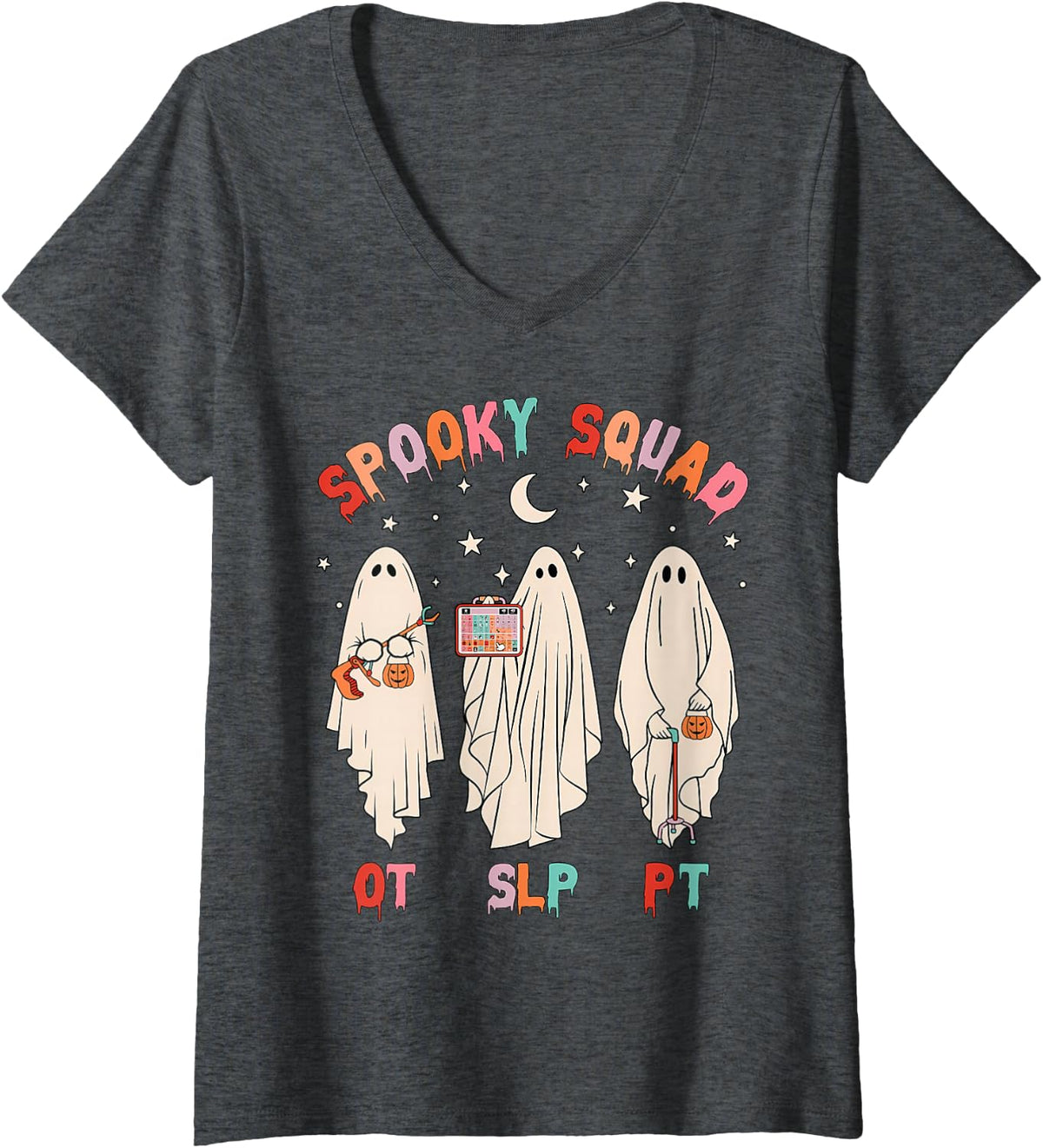 Women's Spooky Squad SLP OT PT Ghost Occupational Therapy V-Neck T-Shirt - Dark Heather Grey