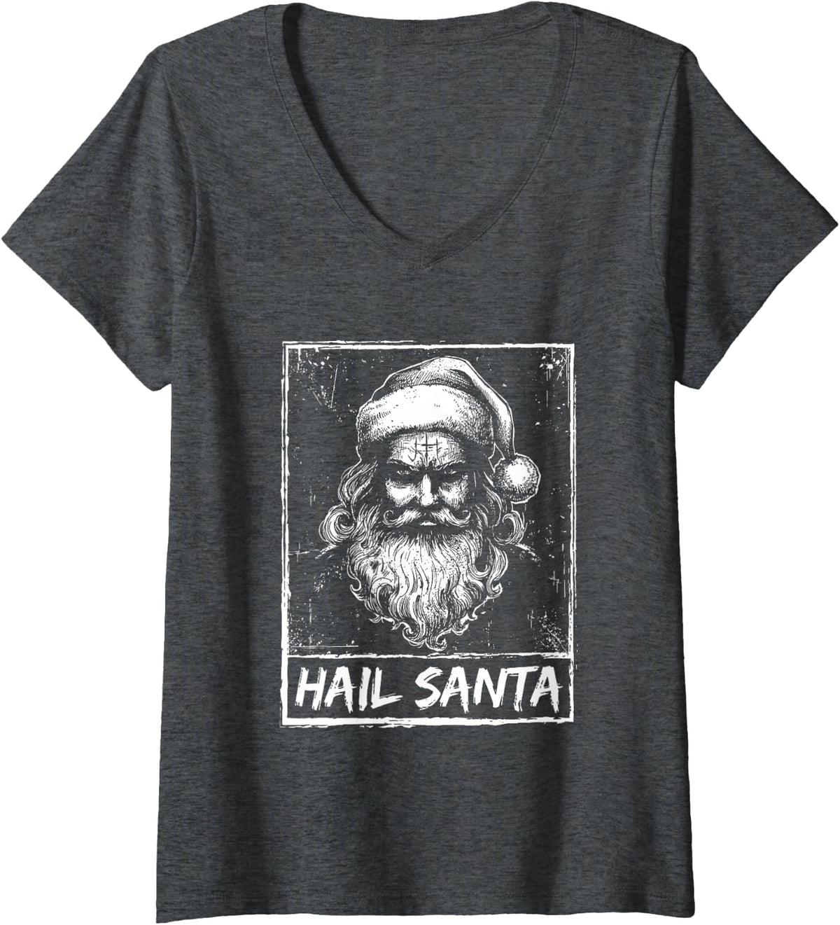Women's Hail Santa Winter Solstice Xmas Party Gothic Christmas V-Neck T-Shirt - Dark Heather Grey