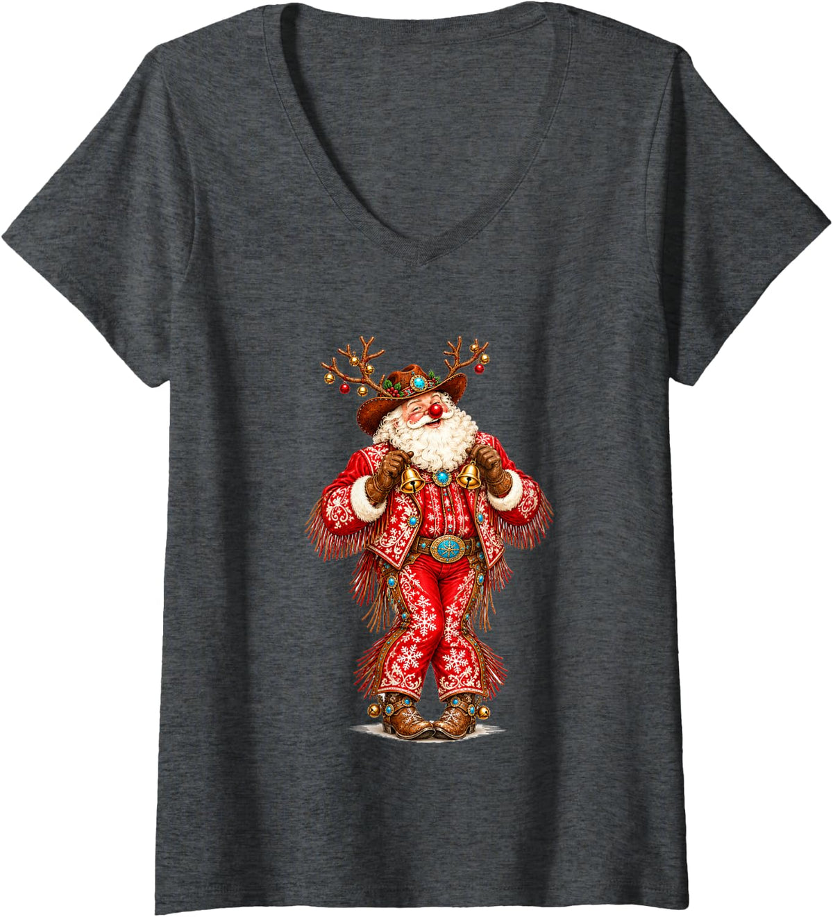 Women's Funny Western Christmas Cowboy Santa with Jingle Bells Xmas V-Neck T-Shirt - Dark Heather Grey
