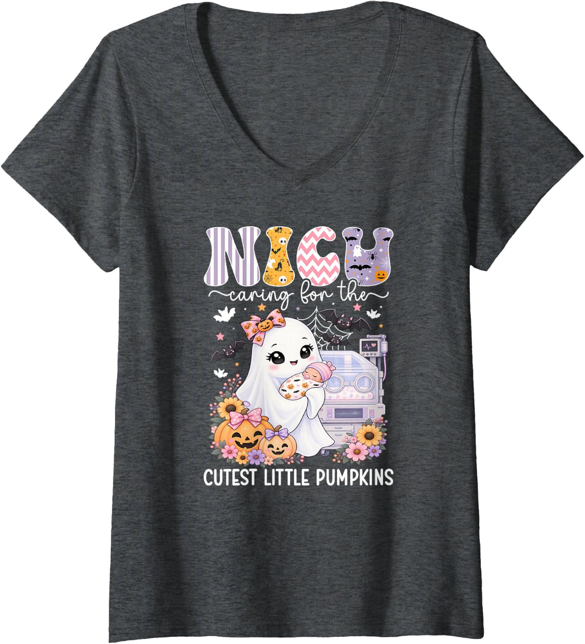 Women's Spooky NICU Nurse Halloween Neonatal ICU Nurse Groovy V-Neck T-Shirt - Dark Heather Grey