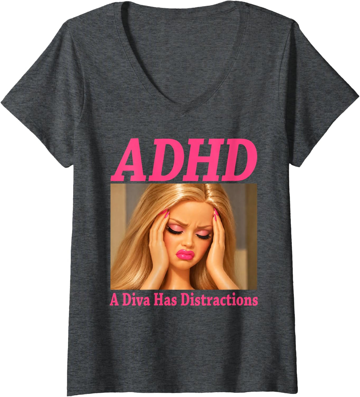 Women's ADHD A Diva Has Distractions Funny Retro Diva V-Neck T-Shirt - Dark Heather Grey