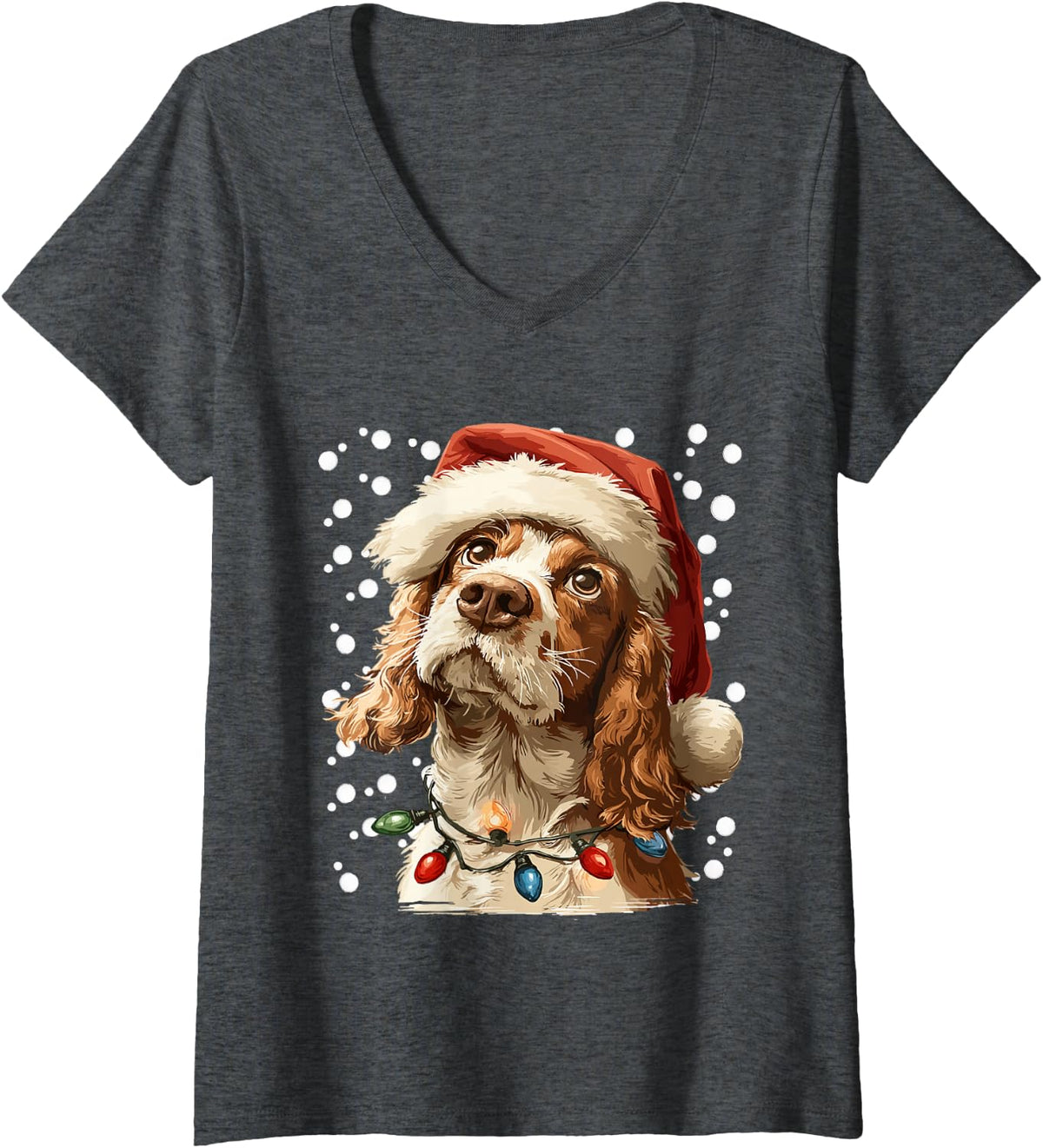 Women's Christmas Cocker with Santa Hat Festive Lights and Snow Xmas V-Neck T-Shirt - Dark Heather Grey