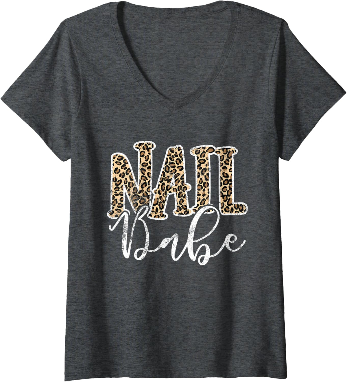 Women's Vintage Nail Babe Nail Salon Nail Designer Leopard Nail Tech V-Neck T-Shirt - Dark Heather Grey