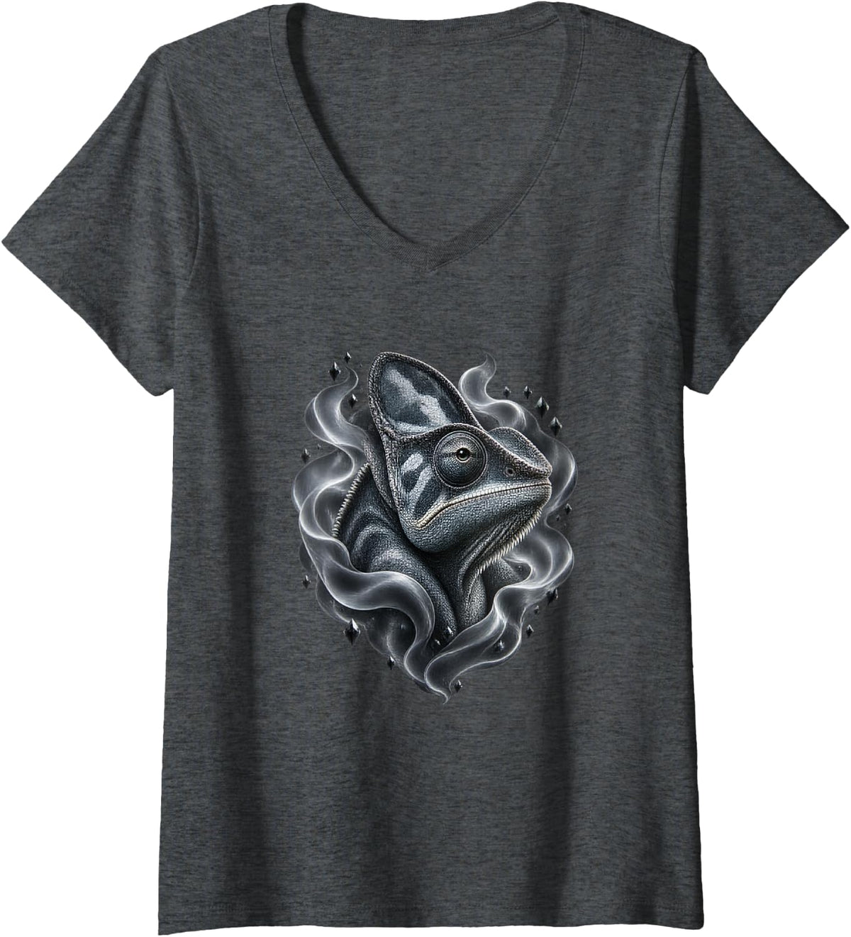 Women's Chameleon with White Smoke Crown Reptile Art V-Neck T-Shirt - Dark Heather Grey