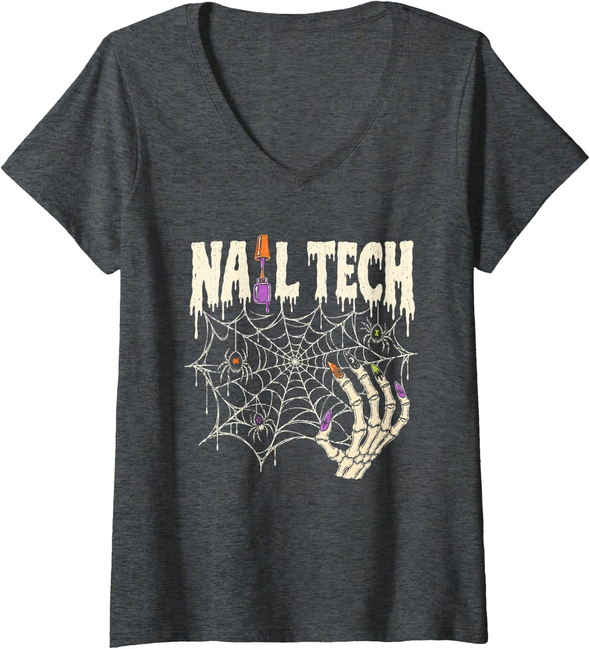 Women's Nail Technician Artist Halloween Esthetician Skeleton Hand V-Neck T-Shirt - Dark Heather Grey