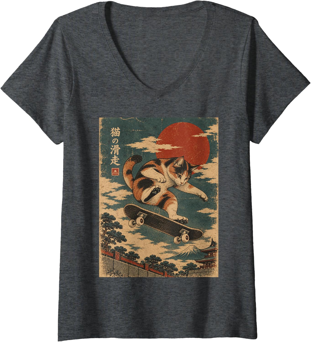 Women's Japanese Vintage Calico Cat Skateboarding Ukiyo-e Art V-Neck T-Shirt - Dark Heather Grey