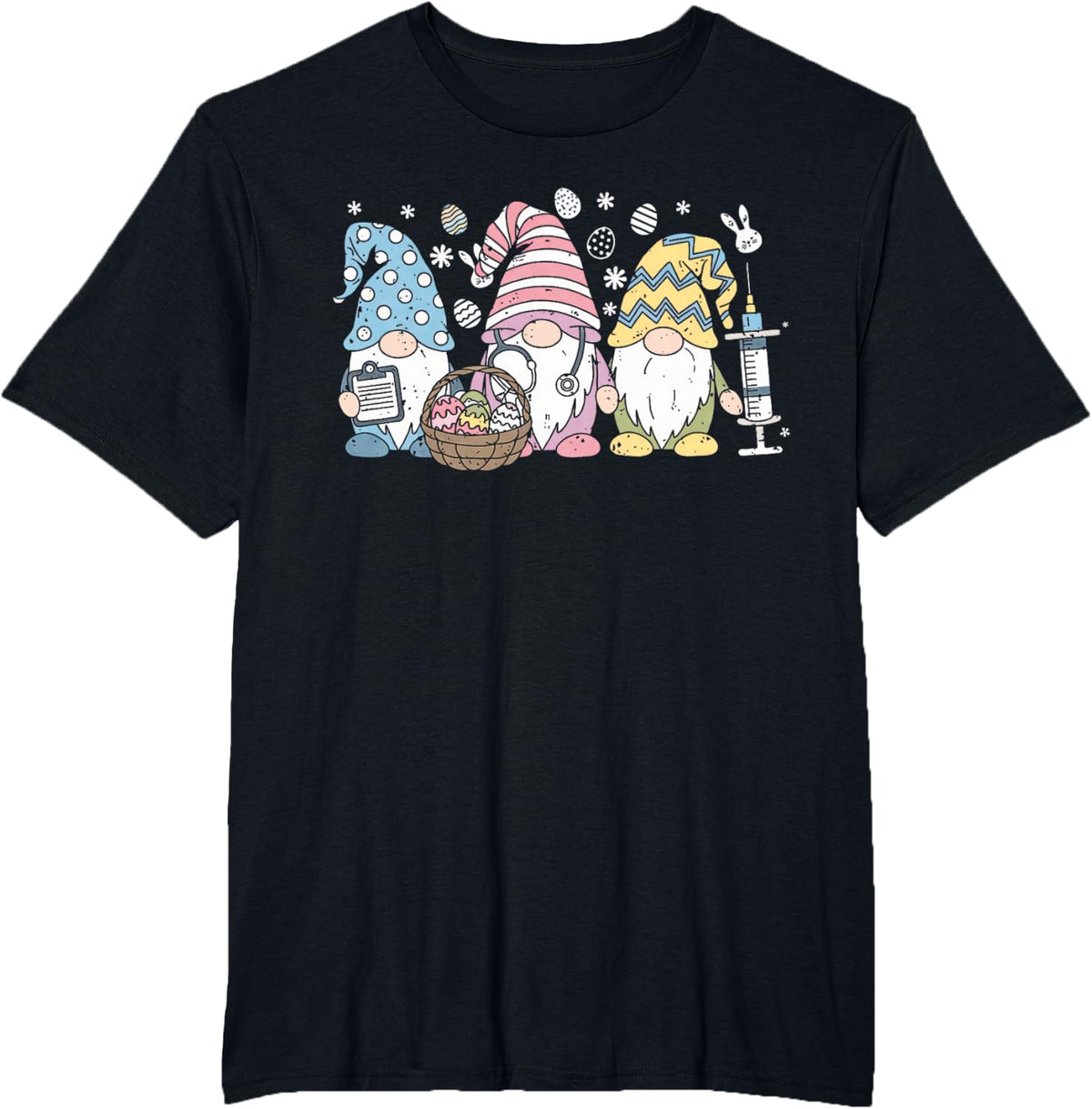 Nurse Gnomes Stethoscope Eggs Easter Scrub RN ICU Women T-Shirt - Black