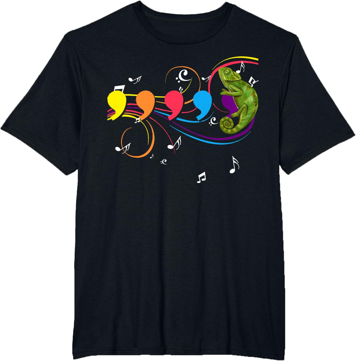 Chameleon Lizard Colorful Musical Notes Comma Animal Lover T-Shirt - Black