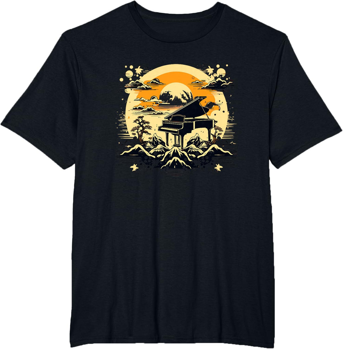 Grand Piano Japanese Nature Sunset Aesthetic Musician T-Shirt - Black