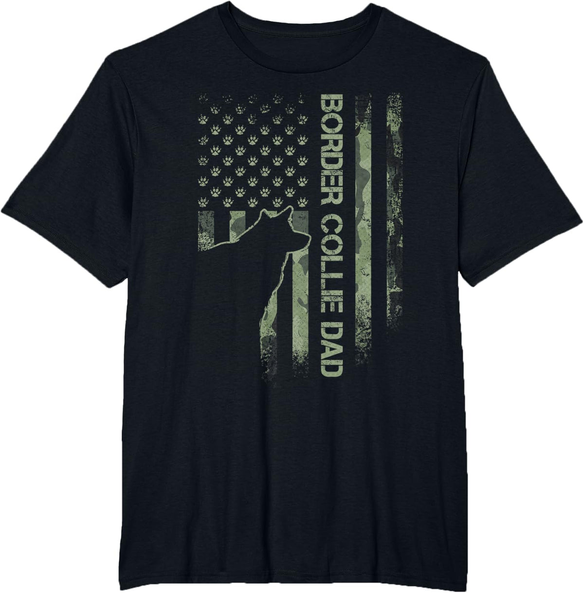 USA American Camo Flag Proud Border Collie Dad Silhouette T-Shirt - Black
