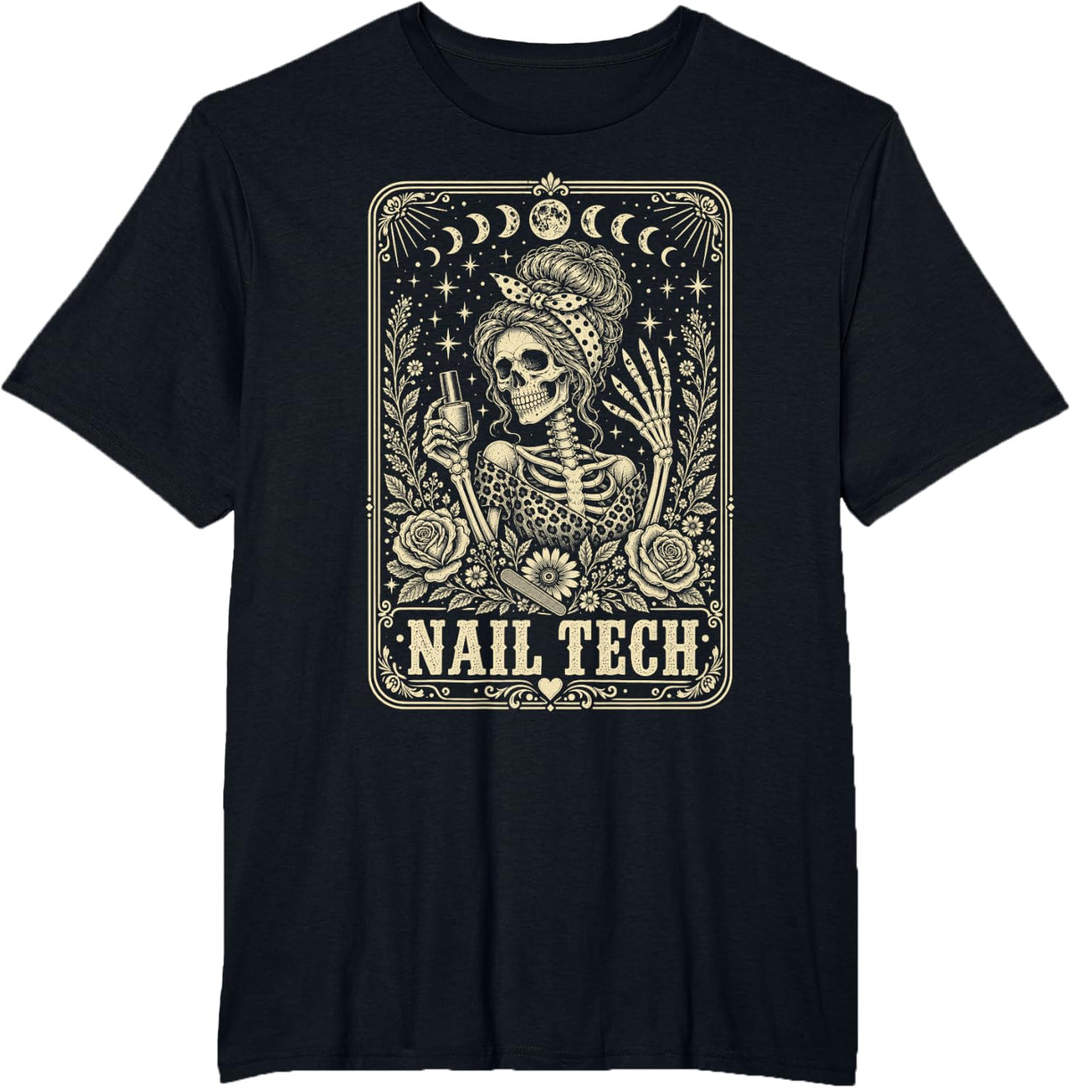 Nail Tech Skeleton Messy Bun Tarot Card T-Shirt - Black