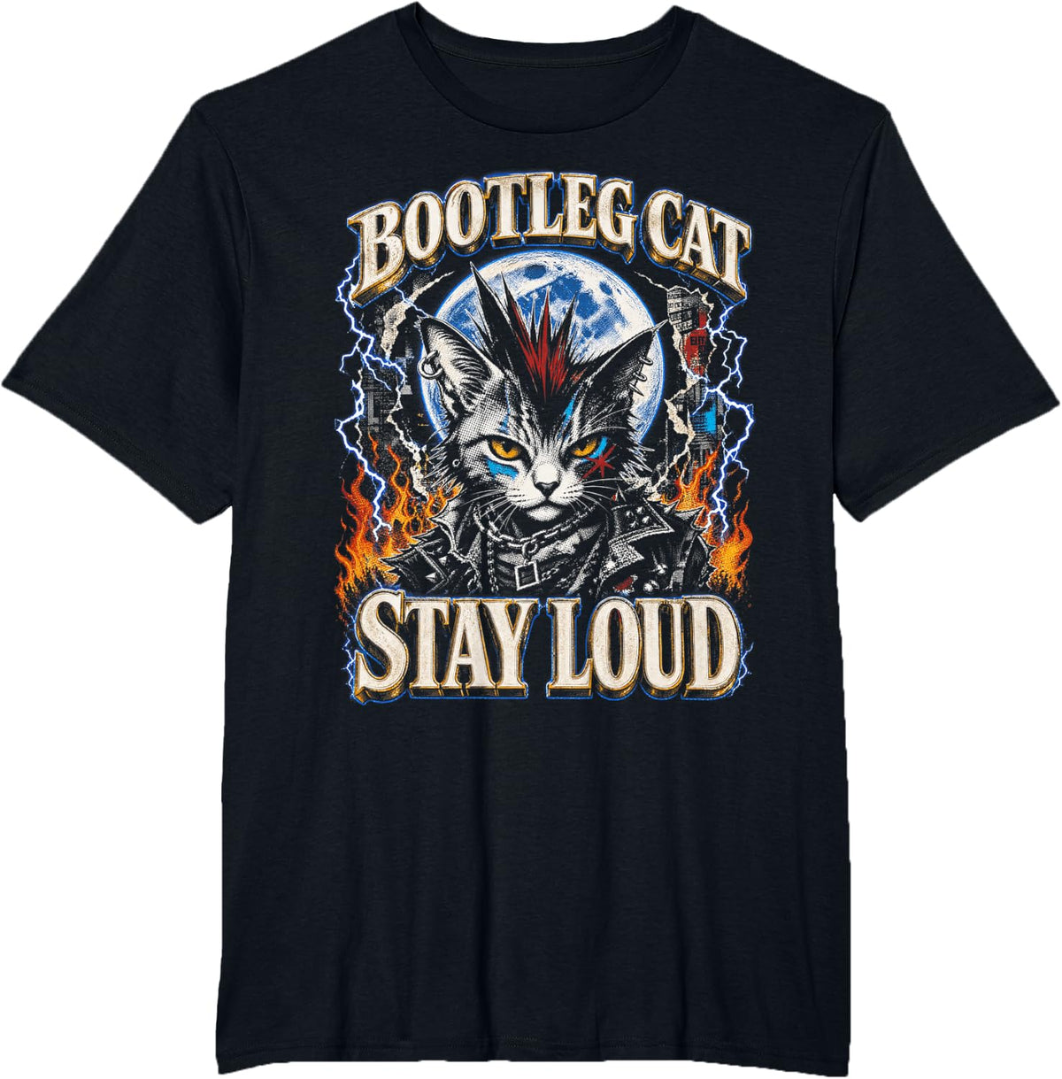Punk Rock Mosh Pit Alternative Music Cyberpunk Cat T-Shirt - Black