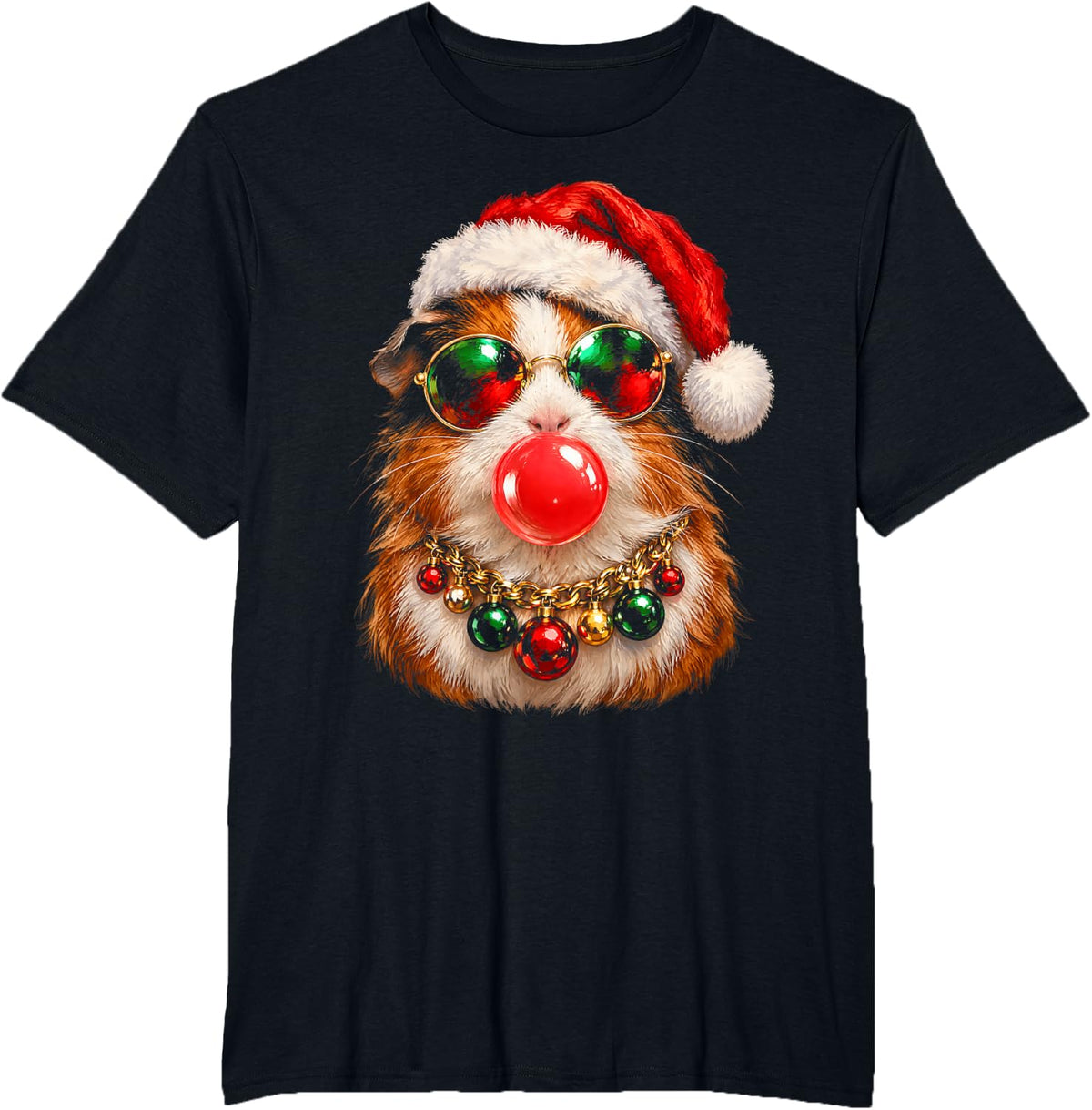 Funny Guinea Pig Christmas Santa Bubble Gum Xmas T-Shirt - Black