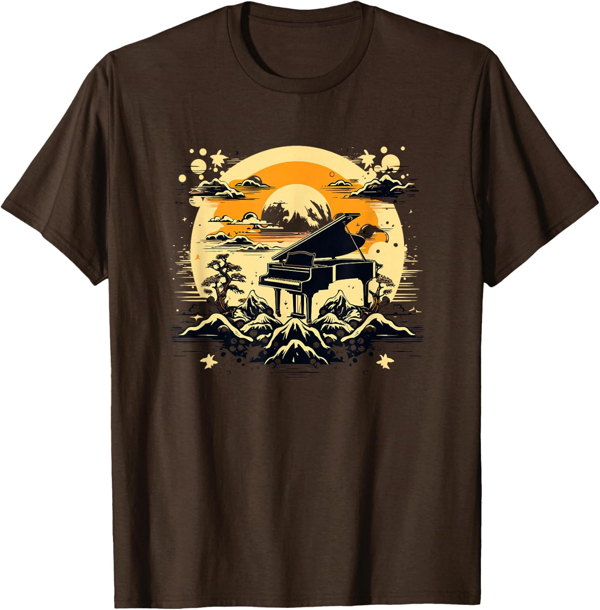 Grand Piano Japanese Nature Sunset Aesthetic Musician T-Shirt - Brown