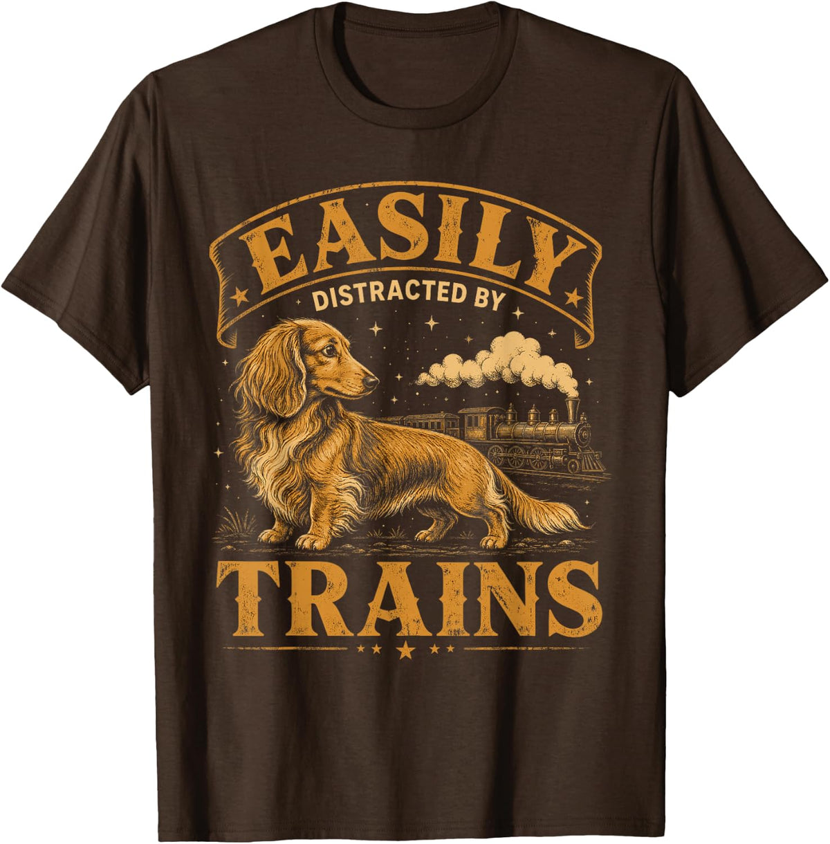 Easily Distracted By Trains Model Trains Dachshund T-Shirt - Brown