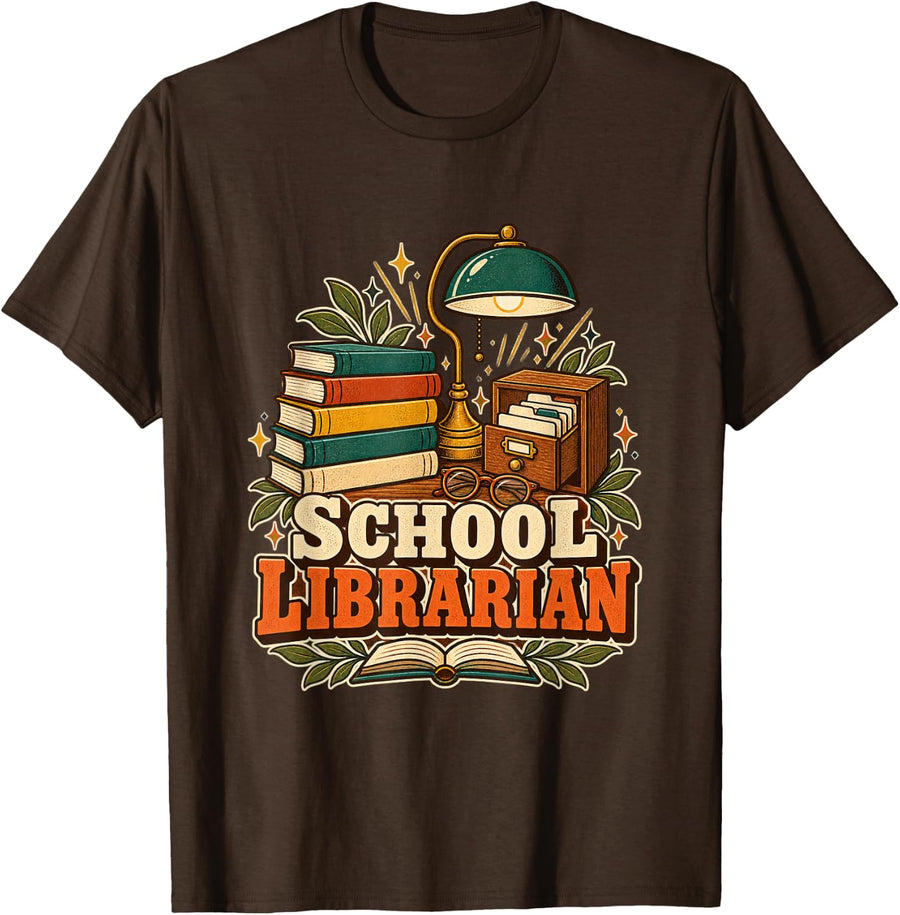 Retro School Librarian Books and Card Catalog T-Shirt - Brown
