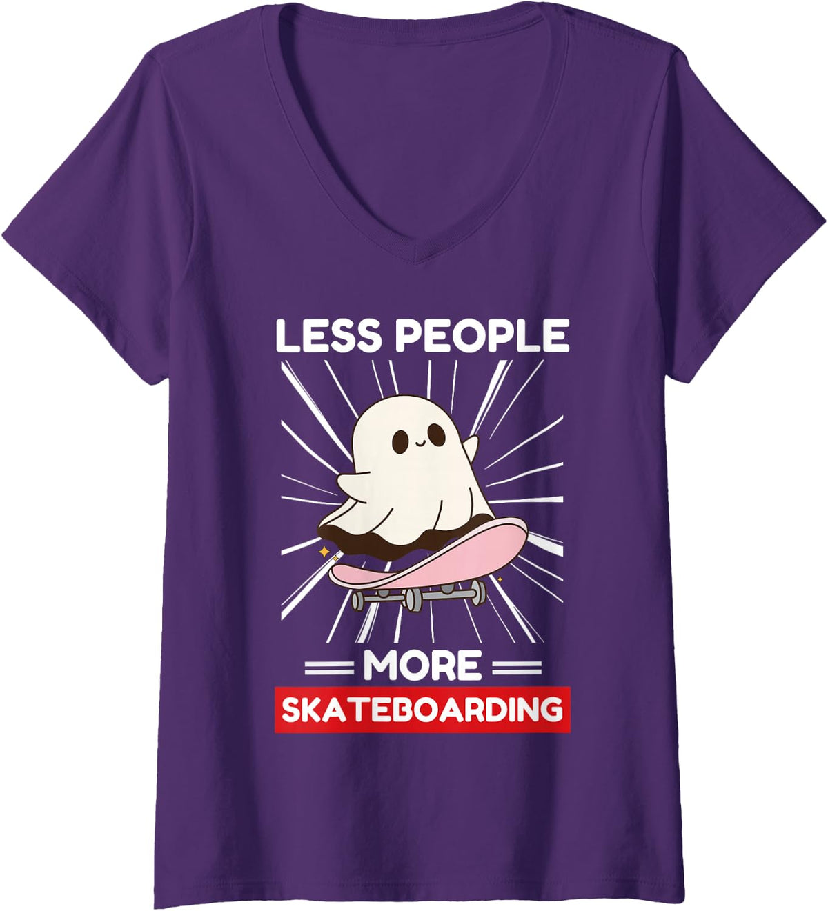 Women's Cute Kawaii Ghost Less People More Skateboarding Lover V-Neck T-Shirt - Purple