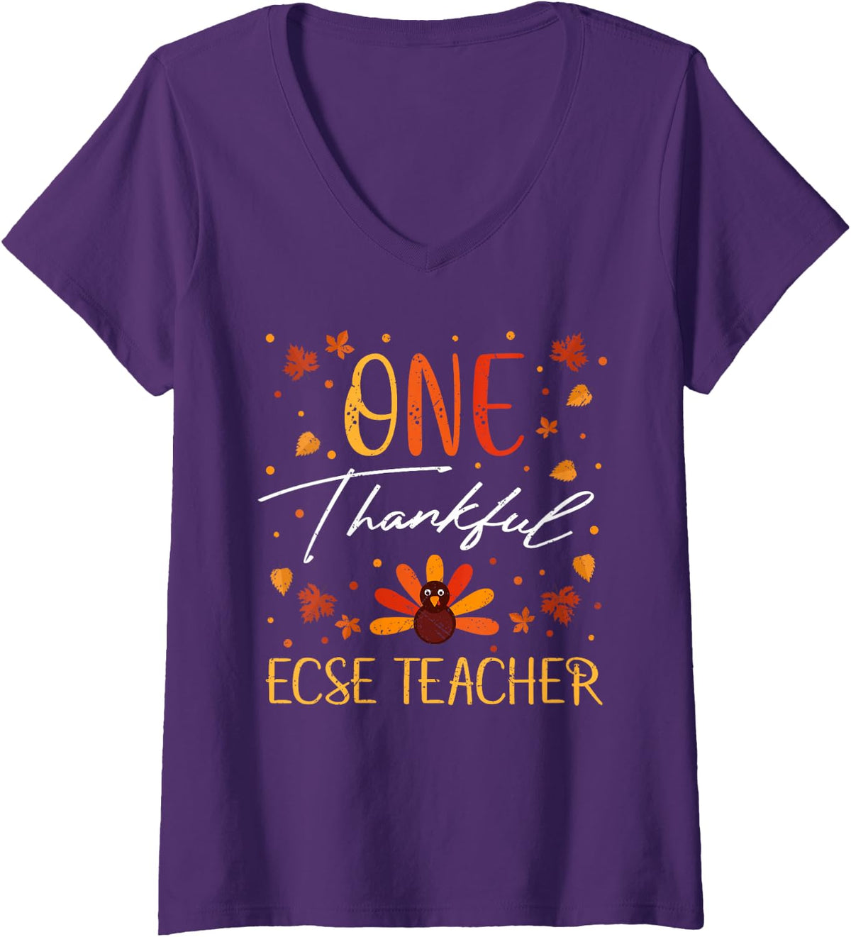 Women's One Thankful ECSE Teacher Thanksgiving Vintage Fall V-Neck T-Shirt - Purple