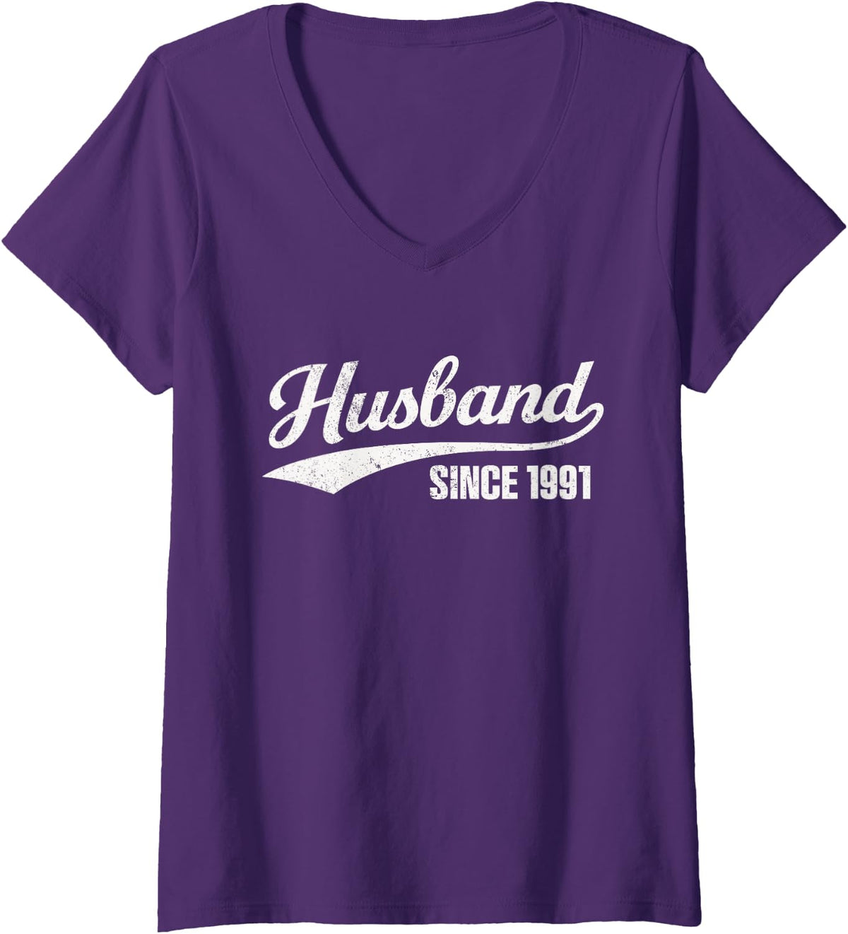 Women's Retro Distressed Husband Since 1991 35th Wedding Anniversary V-Neck T-Shirt - Purple