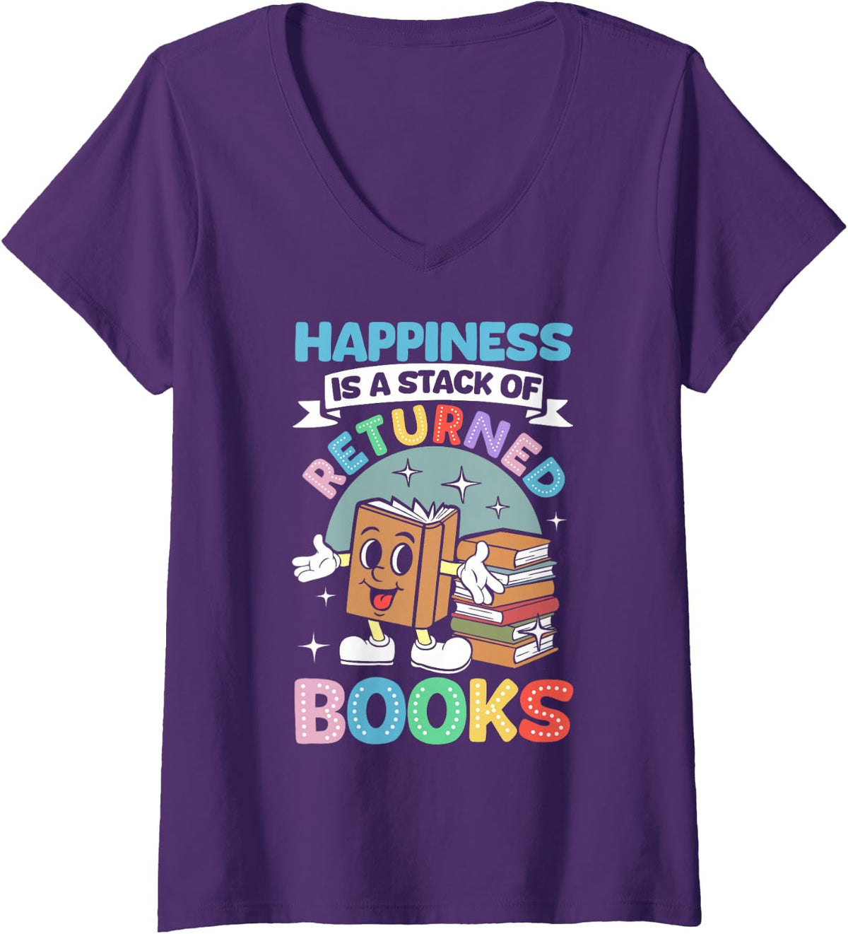 Women's Librarian Returned Books Stack Book Reader Library Worker V-Neck T-Shirt - Purple