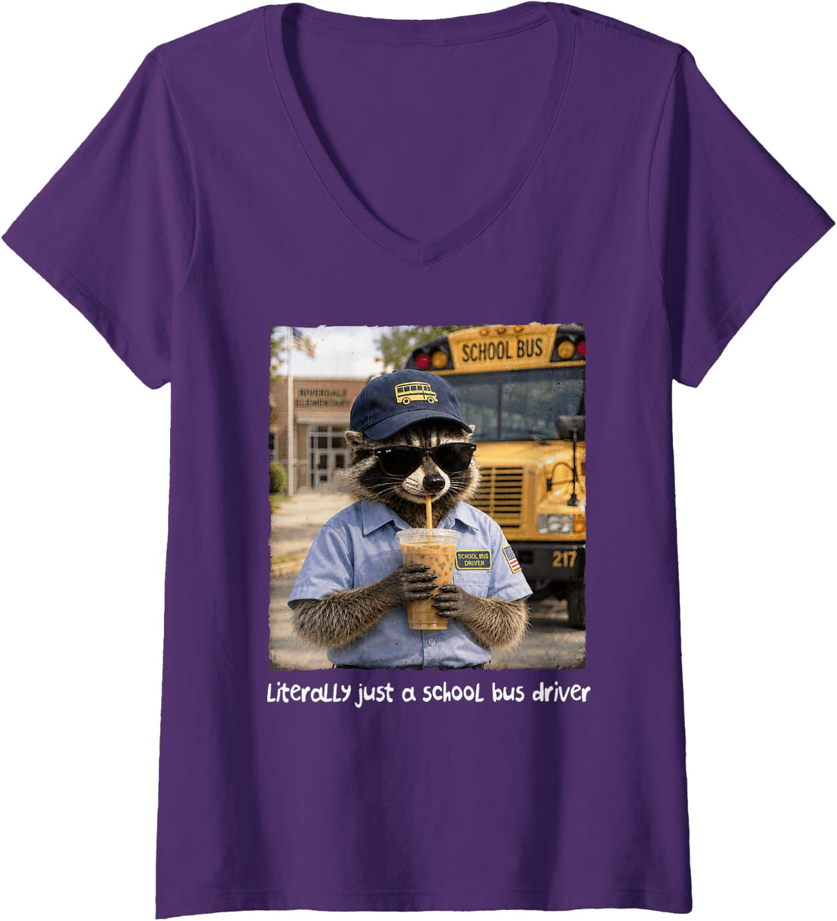 Women's Literally Just A School Bus Driver Raccoon Drinking Coffee V-Neck T-Shirt - Purple