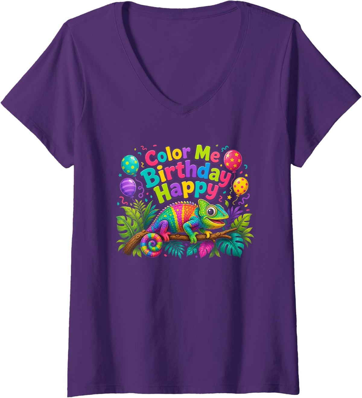 Women's Reptile Birthday Color Me Happy Chameleon V-Neck T-Shirt - Purple