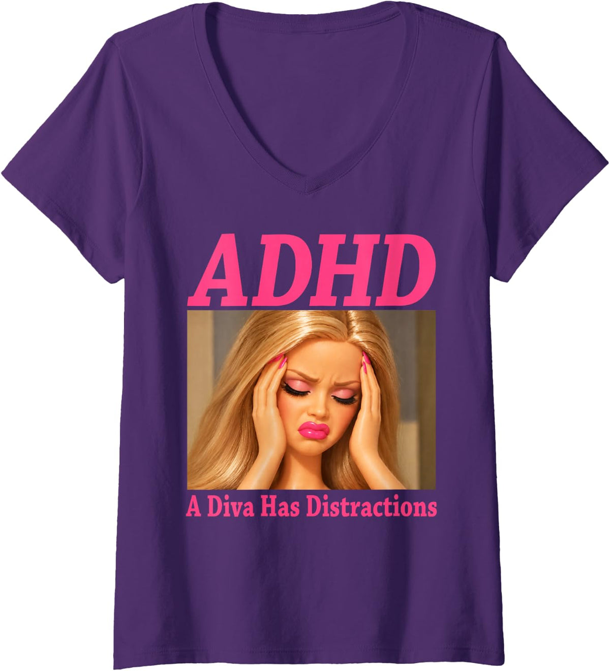 Women's ADHD A Diva Has Distractions Funny Retro Diva V-Neck T-Shirt - Purple