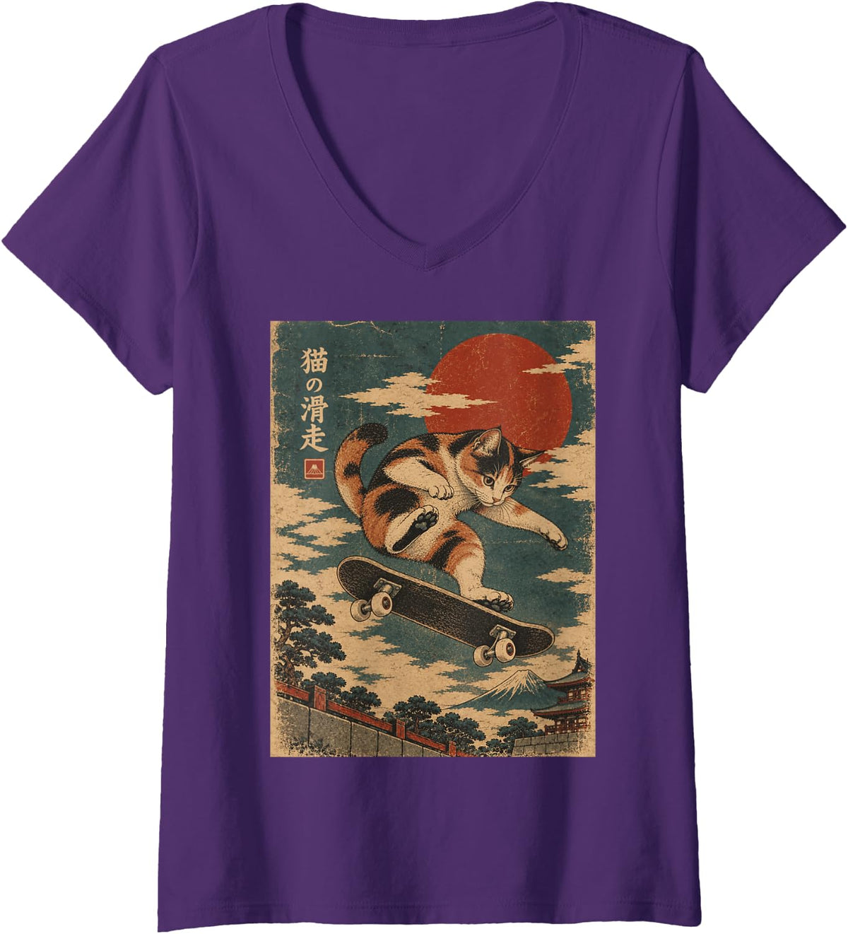 Women's Japanese Vintage Calico Cat Skateboarding Ukiyo-e Art V-Neck T-Shirt - Purple