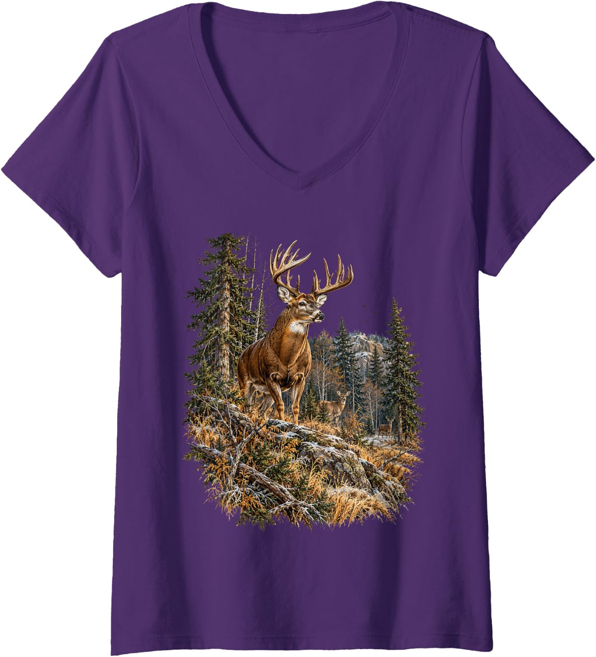 Women's Whitetail Buck Deer Hunting Lover Mountain Wilderness V-Neck T-Shirt - Purple