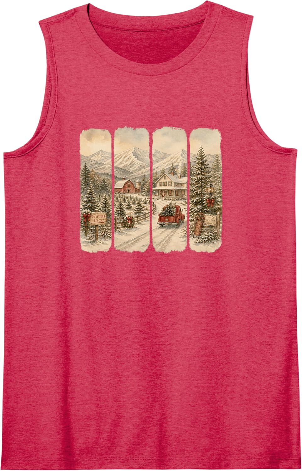 Christmas Tree Farm Vintage Snowy Mountain Scene Sleeveless Tank Top - Red