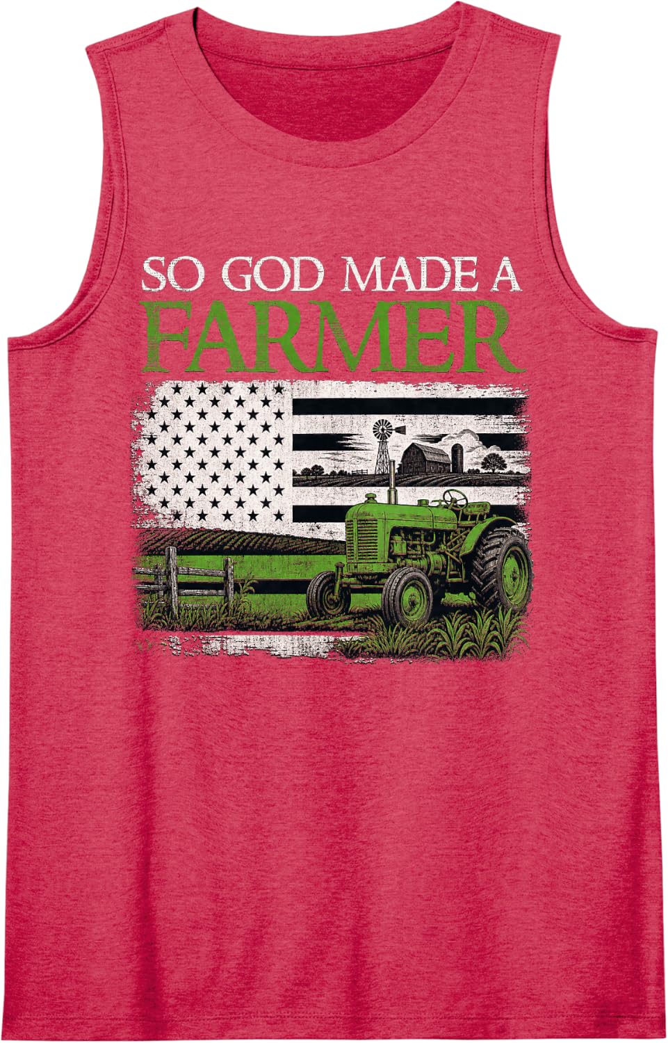 American Flag and Vintage Tractor Design Sleeveless Tank Top - Red