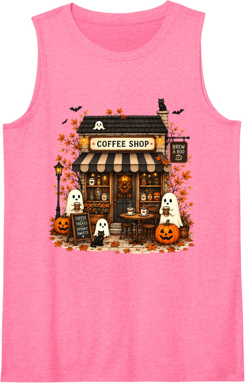 Brew Boo Ghost Coffee Lover Halloween Cafe Vintage Style Sleeveless Tank Top - Pink