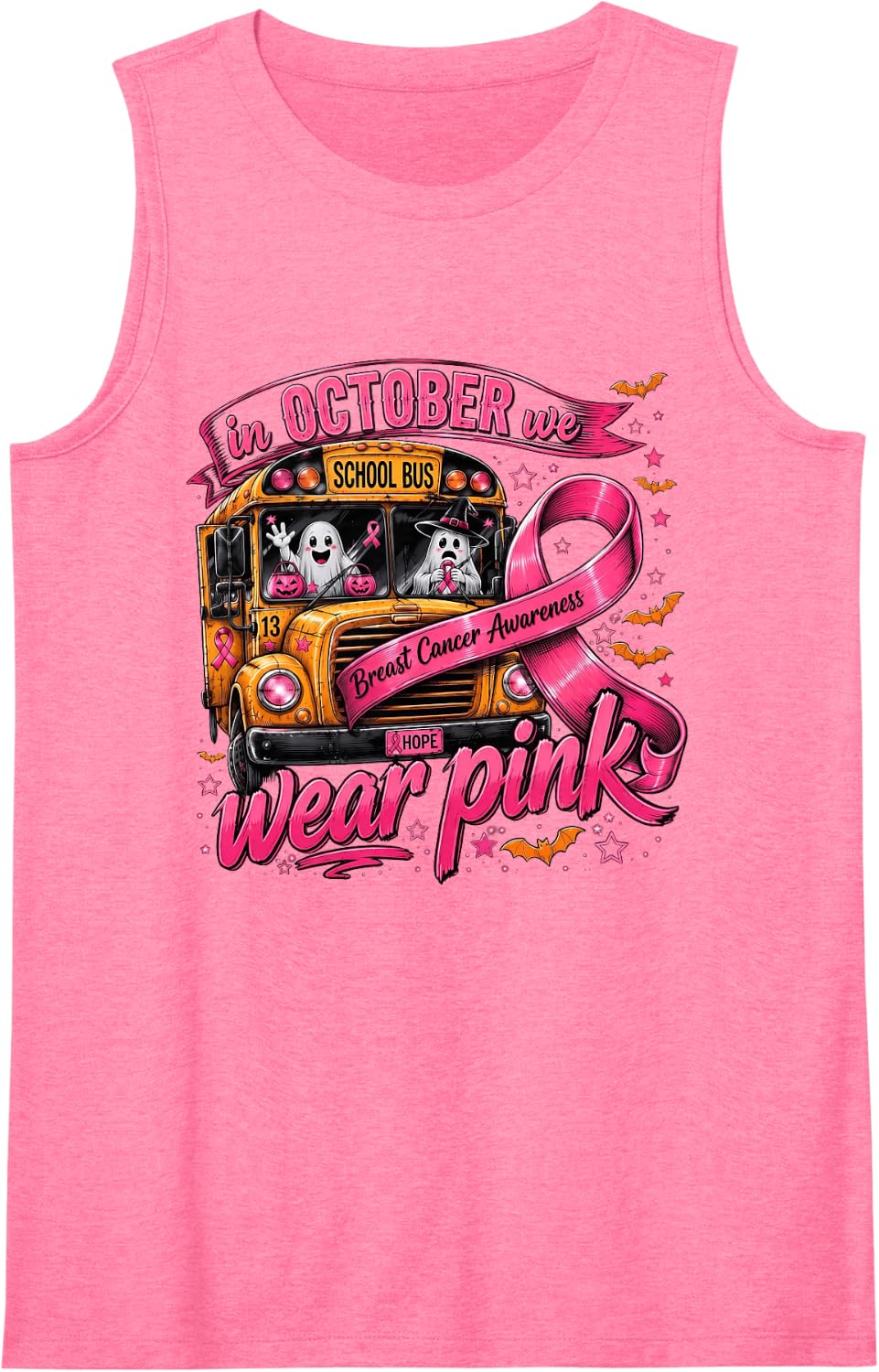 in October We Wear Pink Breast Cancer Boo School Bus Driver Sleeveless Tank Top - Pink