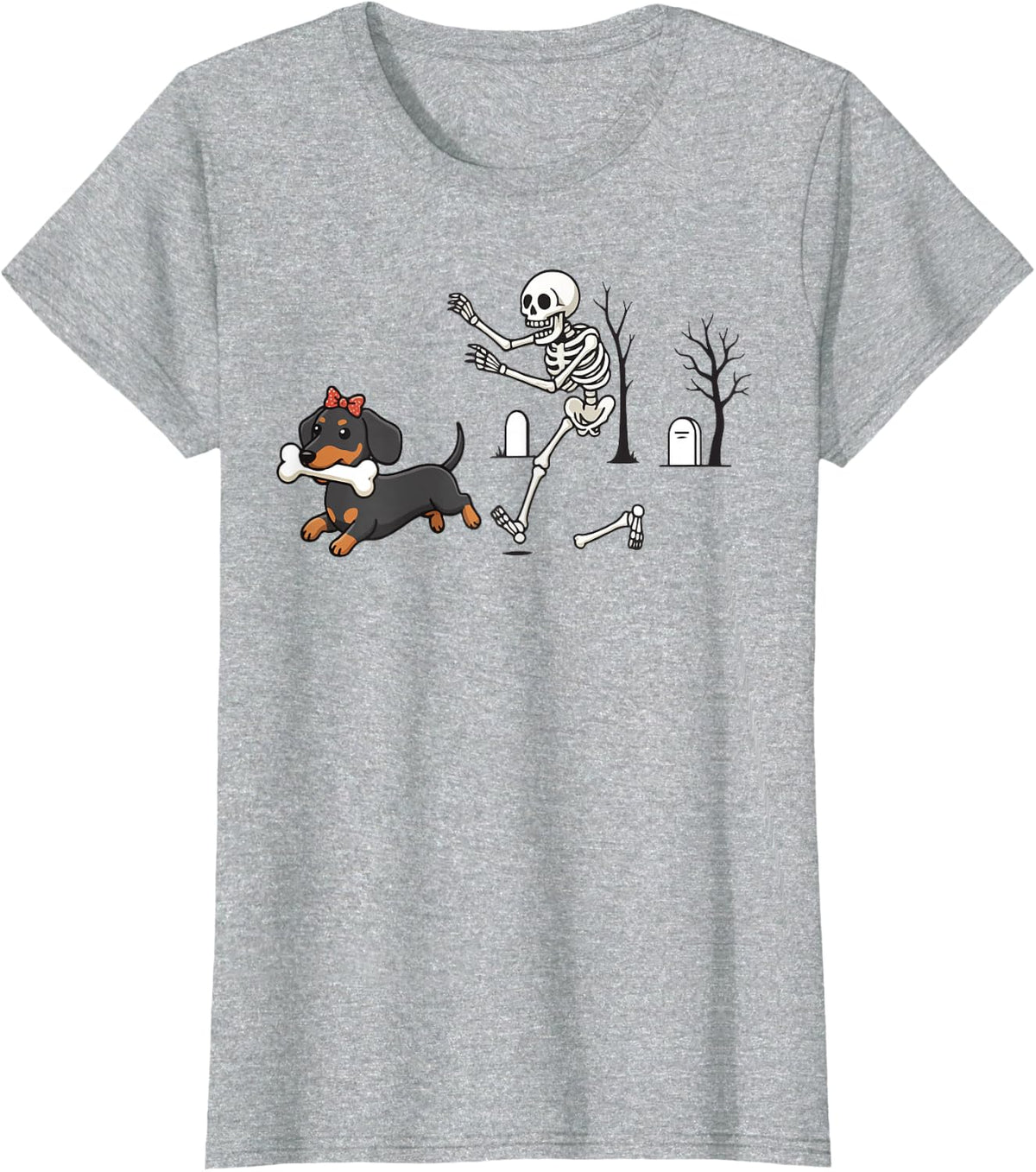 Funny Dachshund Skeleton and Halloween T-Shirt - Heather Grey