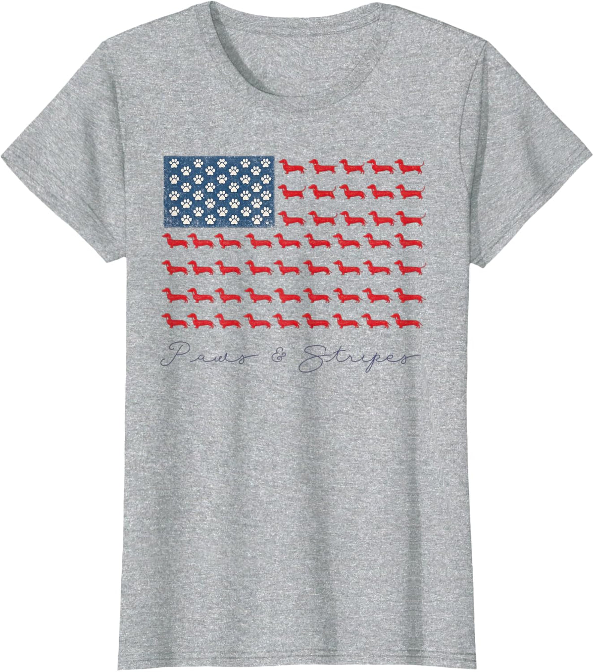Paws and Stripes Dachshund American Flag 4th of July T-Shirt - Heather Grey