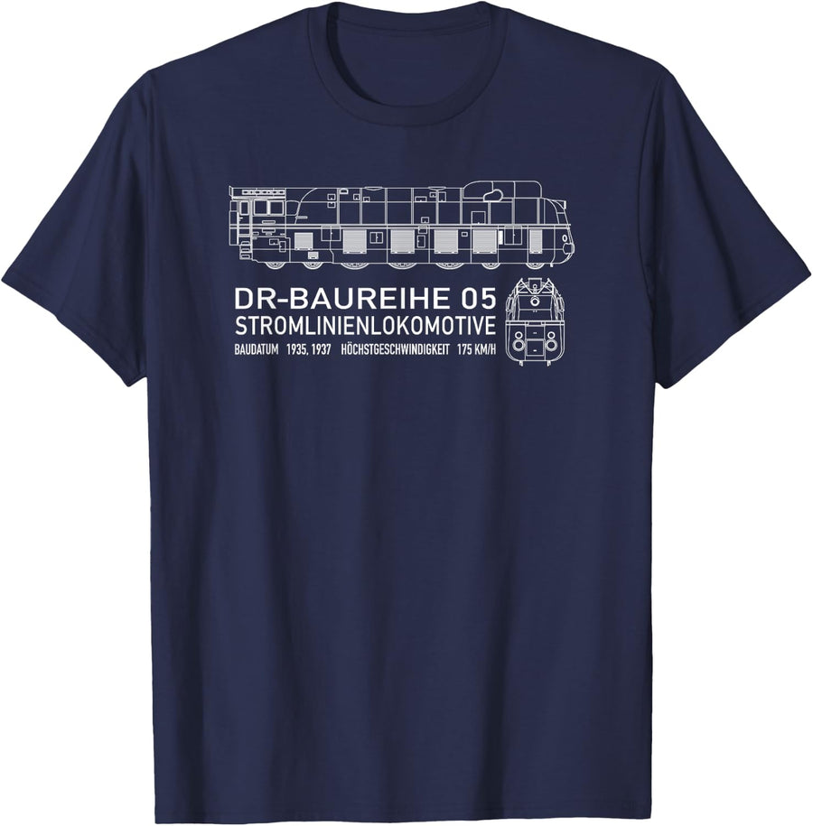 DRG Class 05 German Steam Locomotive Blueprint T-Shirt - Navy Blue