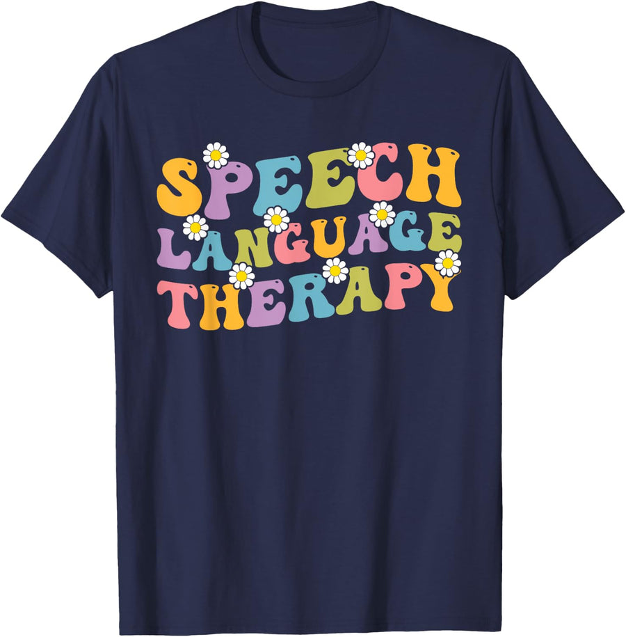 SLP Speech Therapy Shirt, Groovy Language Pathologist T-Shirt - Navy Blue