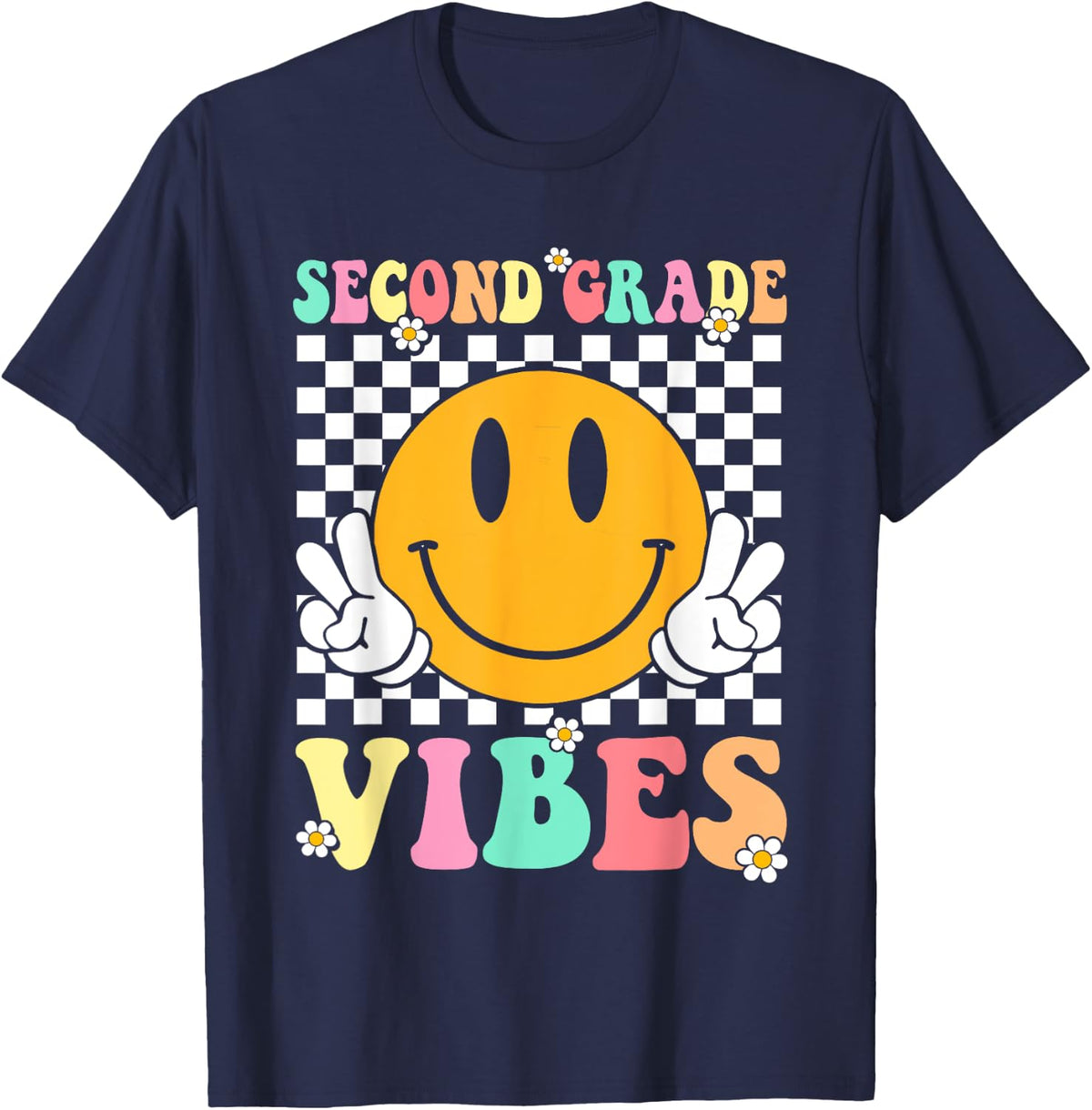 Second Grade Vibes Retro Smile Back to School Teacher Kids T-Shirt - Navy Blue