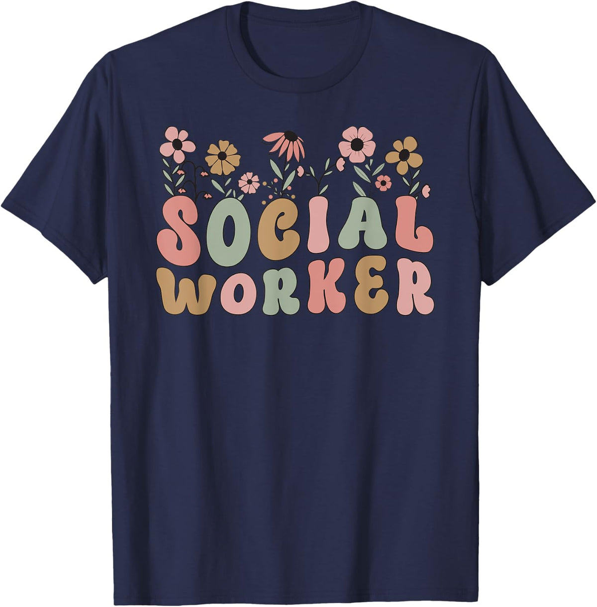 Social Worker School Social Worker Work Retro Floral Women T-Shirt - Navy Blue