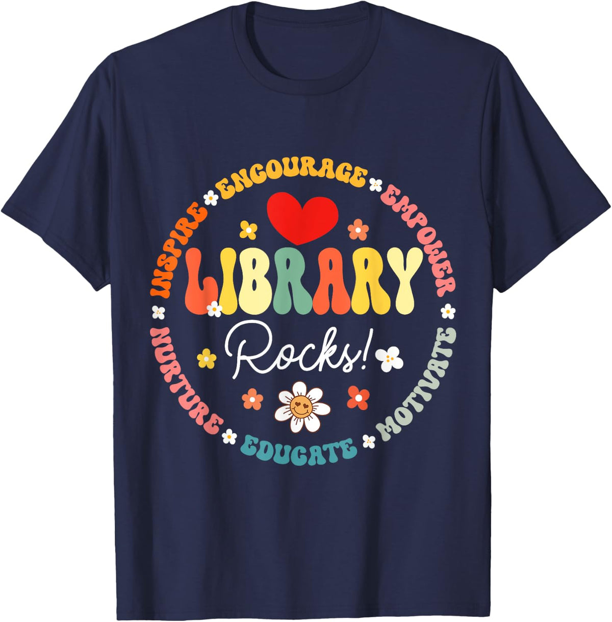 Groovy Librarian School Library Rocks Day Back to School T-Shirt - Navy Blue