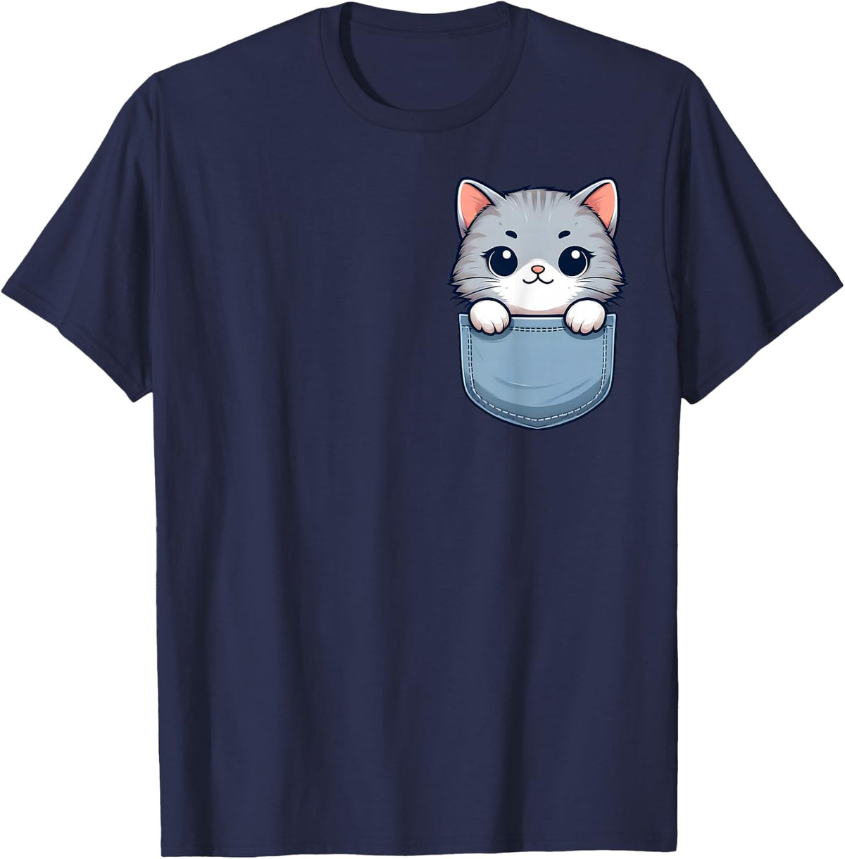 Sweet Gray Cat in Pocket for Kids, Boys, Girls, Women Men T-Shirt - Navy Blue